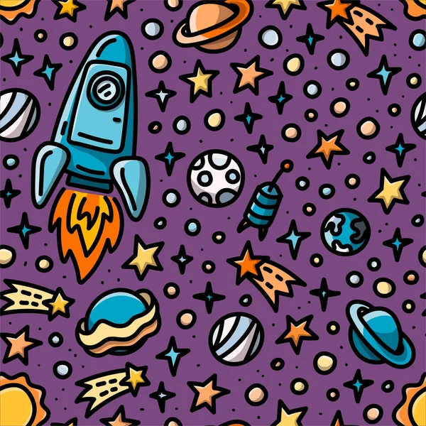 Childish seamless pattern with spaceship, planets and stars — Stock Vector