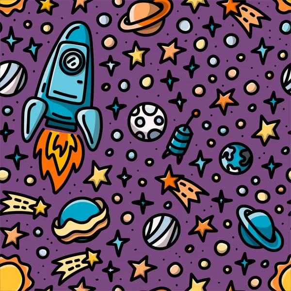 Childish seamless pattern with spaceship, planets and stars