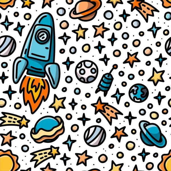 Childish seamless pattern with spaceship, planets and stars — Stock Vector