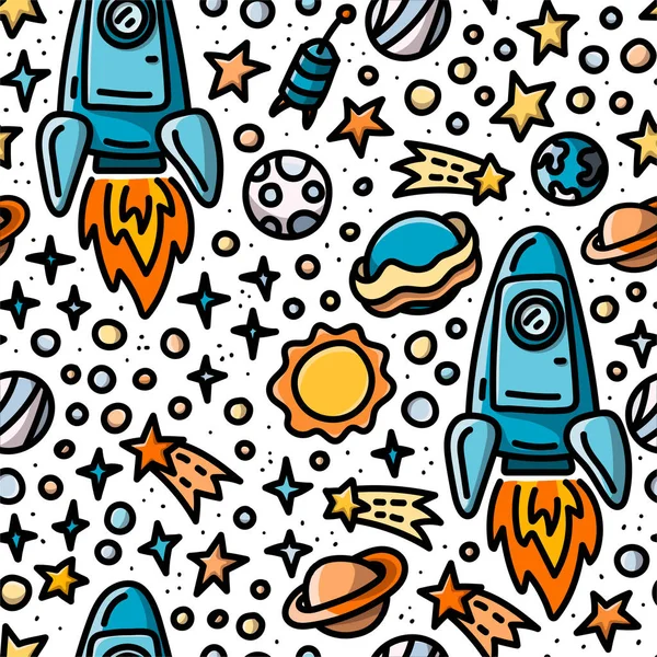 Childish seamless pattern with spaceship, planets and stars