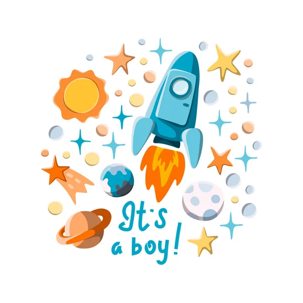 Its a boy. Flying rocket, stars and planets cartoon illustration for boy baby shower — Stock Vector