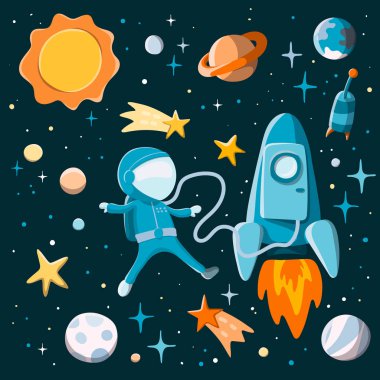 Uzay gemisi uzayda astronot çocuk. Roket, Güneş, yıldızlar ve gezegenler arka plan.