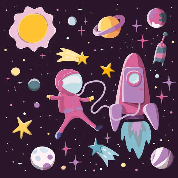 Chica astronauta cerca del cohete en el espacio. Nave espacial, estrellas y planetas de fondo . — Vector de stock