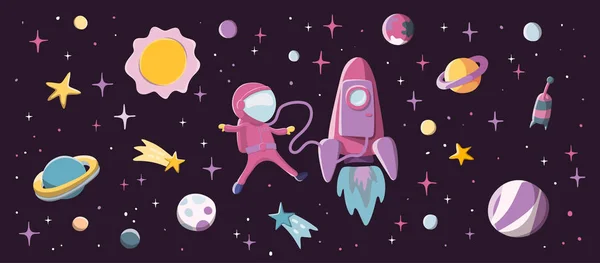 宇宙飛行士スペースにロケット近くの女の子。宇宙船、星や惑星の背景. — ストックベクタ
