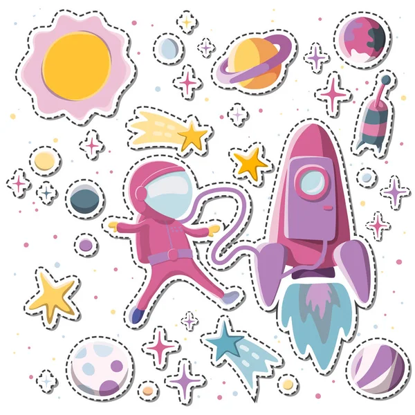 Space sticker pack: girl astronaut with the rocket. Spaceship, stars and planets background. — Stock Vector