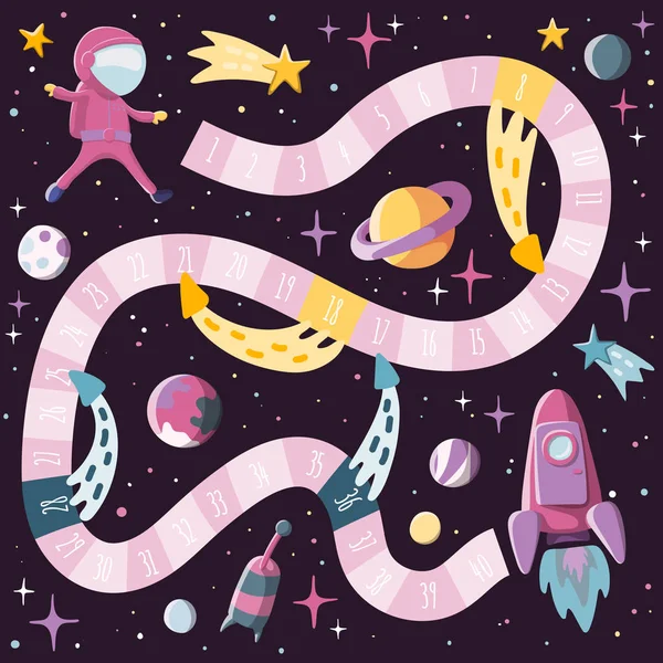 Karikatür tarzı çocuklar bilim ve uzay ile tahta oyunu astronot, roket, planents, sputnik. Tasarım şablonu.