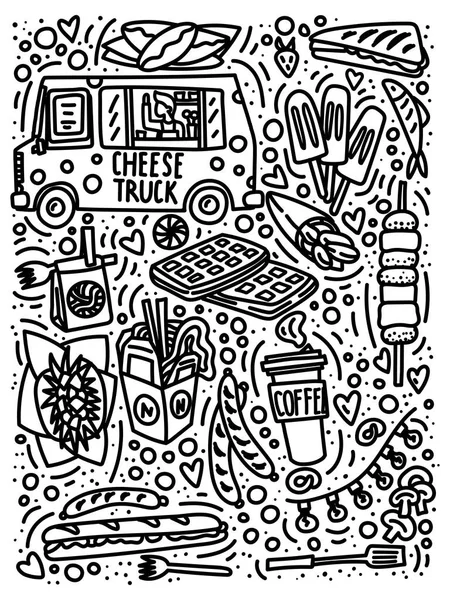 Street food festival doodle style concetto disegnato a mano con camion, gelato, patatine fritte, barbecue, caffè da asporto ecc . — Vettoriale Stock