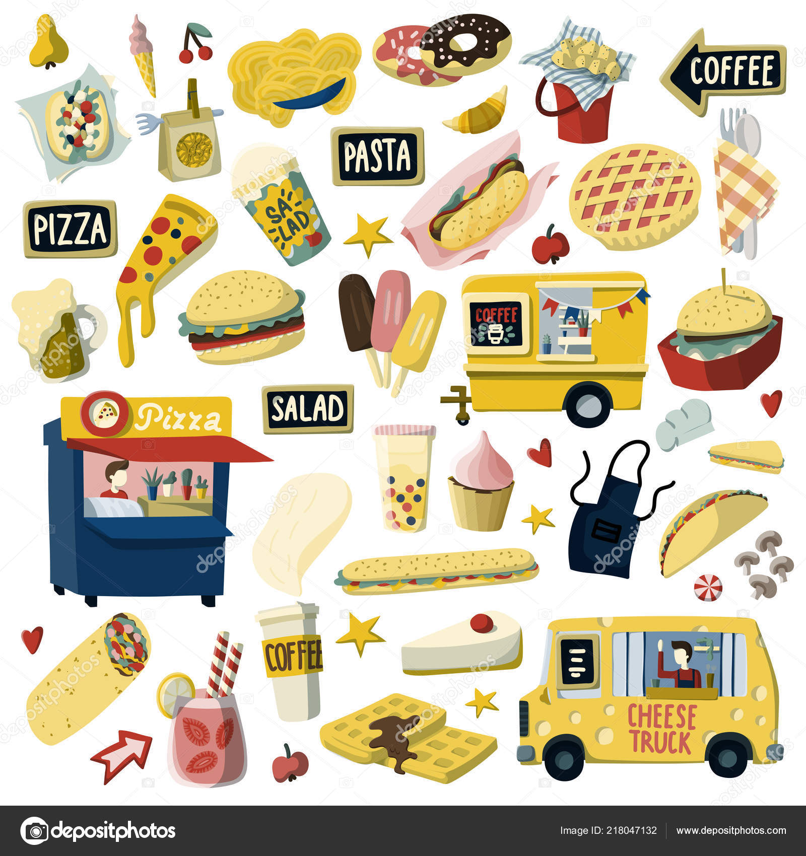 Food truck festival cartoon hand drawn elements set. Pizza, beer, apple  pie, hot dog, ice-cream, coffee to go etc. Stock Vector Image by  ©helga-scandinavus #218047132