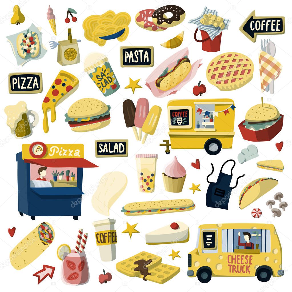 Food truck festival cartoon hand drawn elements set. Pizza, beer, apple pie, hot dog, ice-cream, coffee to go etc. Stock vector
