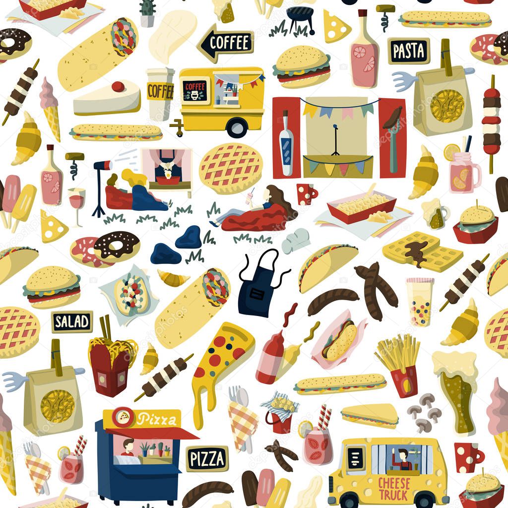 Food truck festival cartoon hand drawn elements seamless pattern. Pizza, beer, apple pie, hot dog, ice-cream, coffee to go etc.