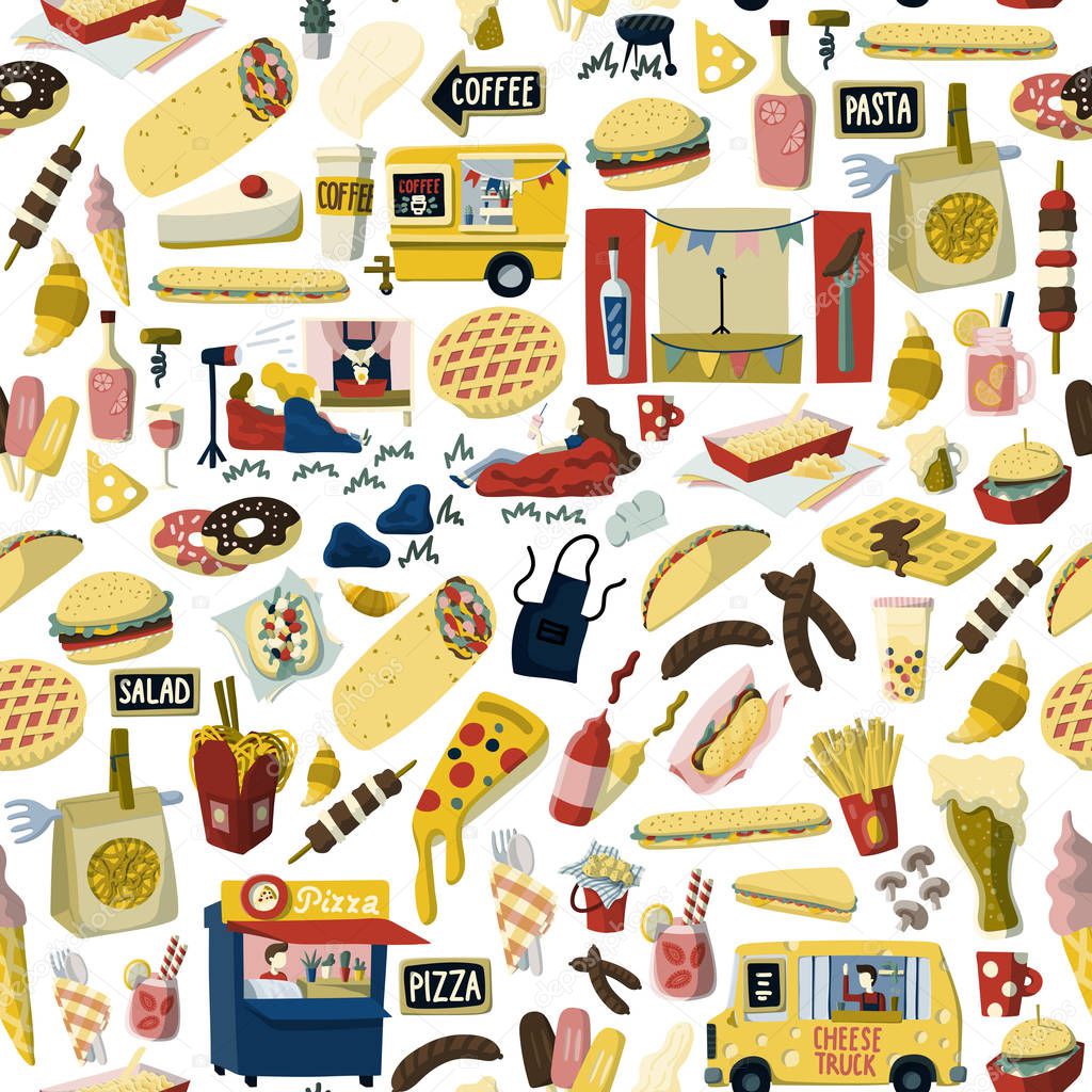 Food truck festival cartoon hand drawn elements seamless pattern. Pizza, beer, apple pie, hot dog, ice-cream, coffee to go etc. Stock vector