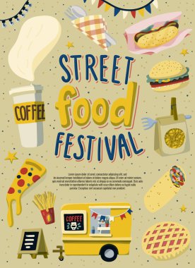 Sokak gıda Festivali afiş tasarım şablonu. Elle çizilmiş yazı ve fast food doodle tarzı.