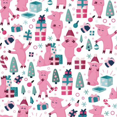 Huni domuz kesintisiz renkli karikatür desen. 2019 Yılbaşı tatil arka plan sembolü