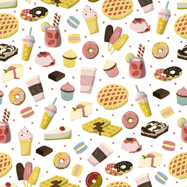 Dulces postres sin costura patrón de estilo de dibujos animados con pastel de manzana, bebida frescura, helado, donas, etc. . — Vector de stock