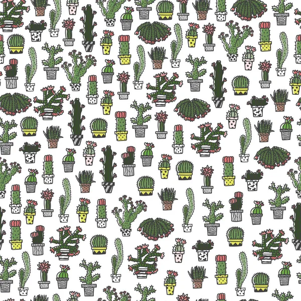 Sappige Cactus Naadloze Hand Getekend Doodle Stijl Patroon Voorraadvector — Stockvector
