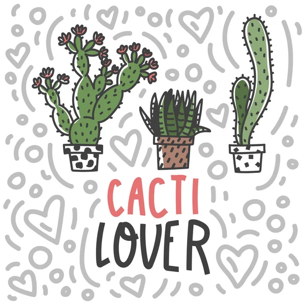 Kaktusälskare Handritade Bokstäver Och Klotter Kaktus Bakgrund Beståndsvektor — Stock vektor