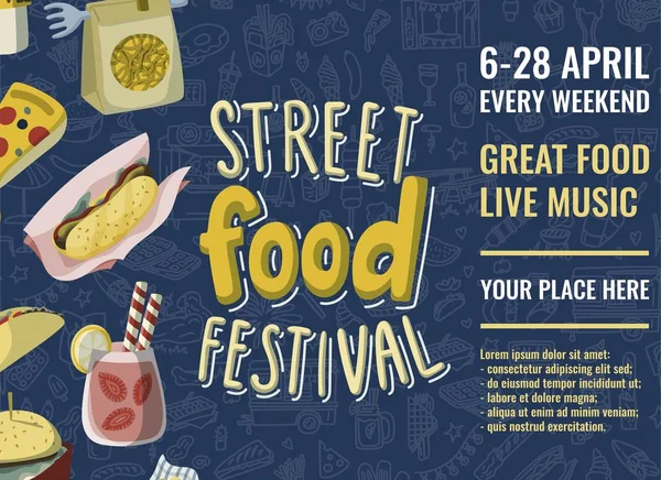 Street food festival horizontal poster in cartoon style and hand drawn lettering. Fast food doodles surface background
