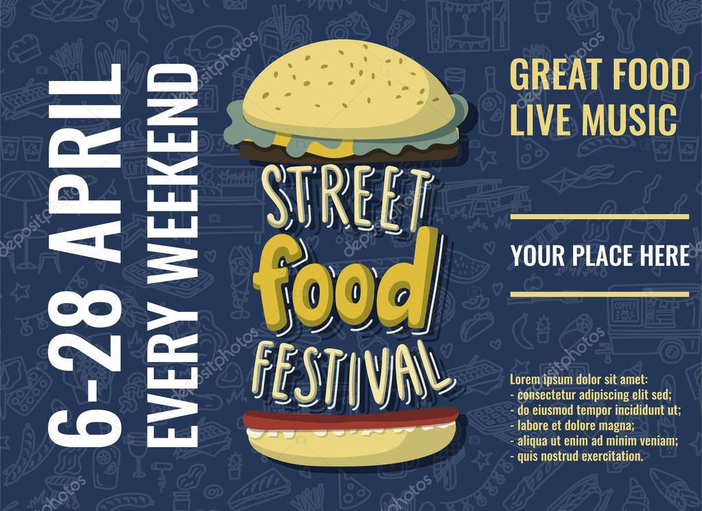 Street food festival horizontal poster with burger in cartoon style and hand drawn lettering. Fast food doodles surface background. Stock vector