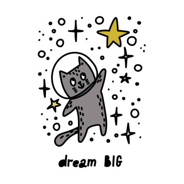 Rüya büyük el yazı yazılmış. Çocuklar sevimli kedi ile stil illüstrasyon doodle.