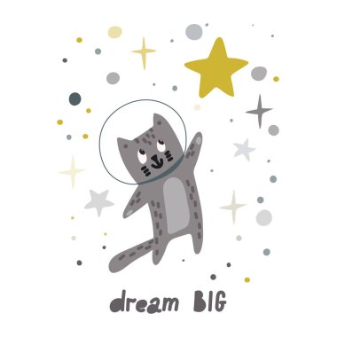 Rüya büyük el yazı yazılmış. Çocuklar illüstrasyon ile sevimli kedi.