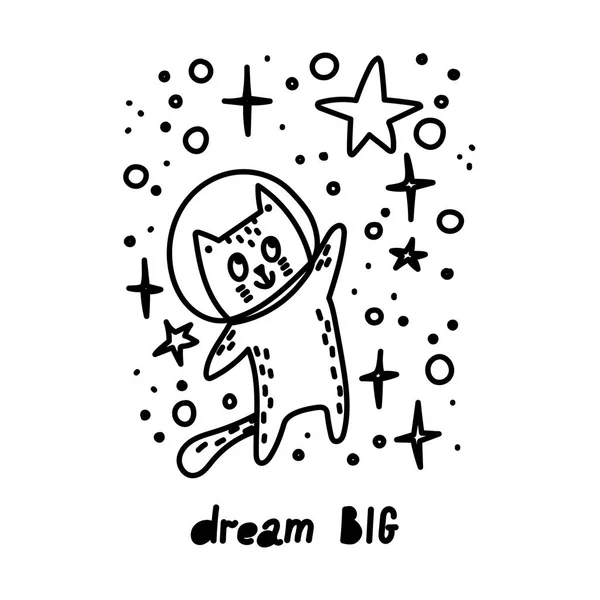Dream big hand written lettering. Kids doodle style illustration with cute cat. — Stock Vector