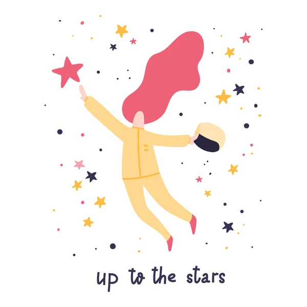К звездам. Женщина-астронавт пытается добраться до звезды. Иллюстрация в плоском стиле. Письменное письмо — стоковый вектор