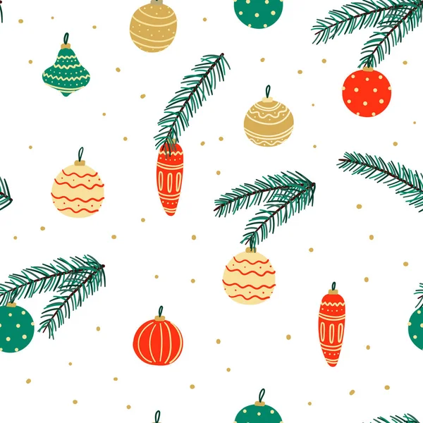 Weihnachtskugeln nahtloses Muster. Handgezeichnete Neujahrs- und Winterferien Hintergrund — Stockvektor