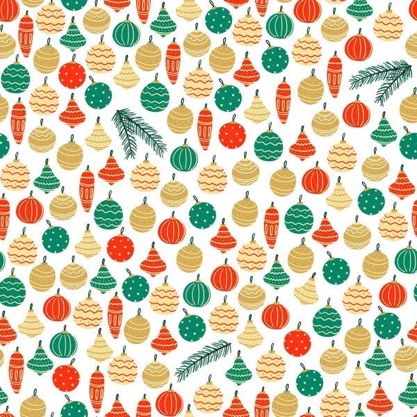 Christmas balls seamless pattern. Hand drawn New year and winter holidays background — Stock Vector