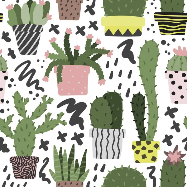 Scandinavische naadloze cactus patroon. Hand getrokken vetplanten en borstel merken achtergrond — Stockvector