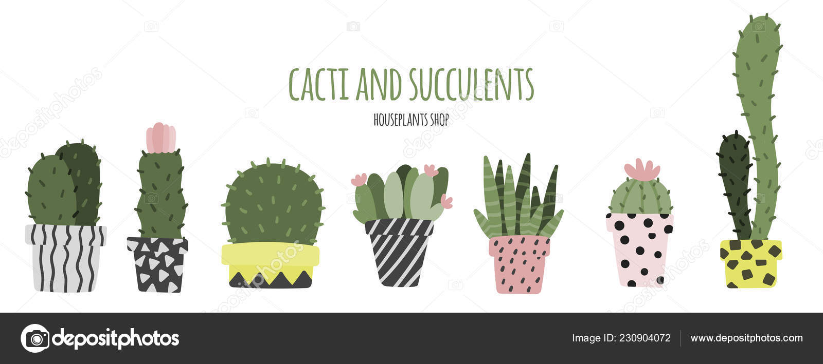 Conjunto de cactos em estilo simples de desenho animado isolado no