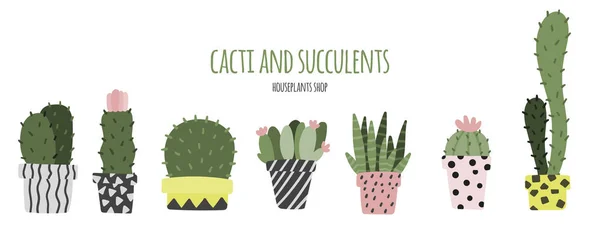 Uppsättning kaktusar och suckulenter dras i hand platt stil. Tecknade växter. Sociala medier mall omslagsdesign — Stock vektor