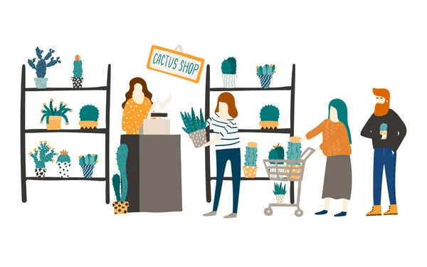 Una mujer vende cactus y suculentas en una florería. Ilustración de estilo plano. Concepto de cliente y asistente de tienda. Estilo plano ilustración dibujada a mano — Vector de stock