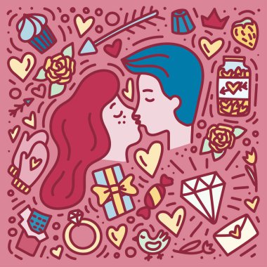 Çift öpüşme aşk içinde. Doodle elle çizilmiş Valentinesday kavramı. Sevgililer, tarih veya düğün kartı kaydetmek için yazdırmak için.