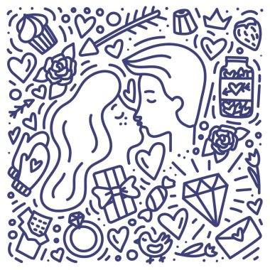 Doodle hand drawn Valentines Day concet with couple. Man and woman are kissing. Chocolate, diamod, heart, ring, sweets and ther symbols of love. clipart