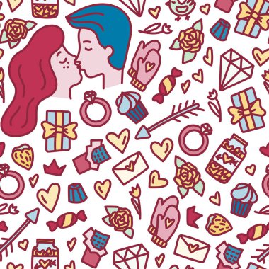 Sevgililer günü kesintisiz doodle tarzı desen. Elle çizilmiş aşk kavramı.