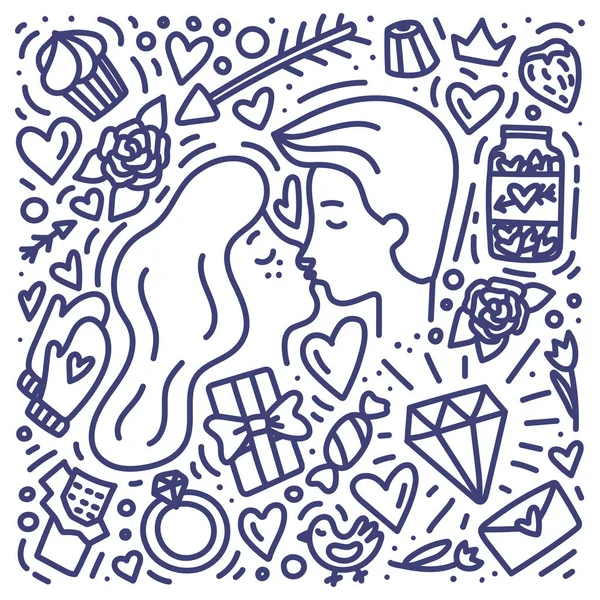 Doodle mano disegnato San Valentino concetto con coppia. Uomo e donna si stanno baciando. Cioccolato, diamante, cuore, anello, dolci e altri simboli dell'amore . — Vettoriale Stock