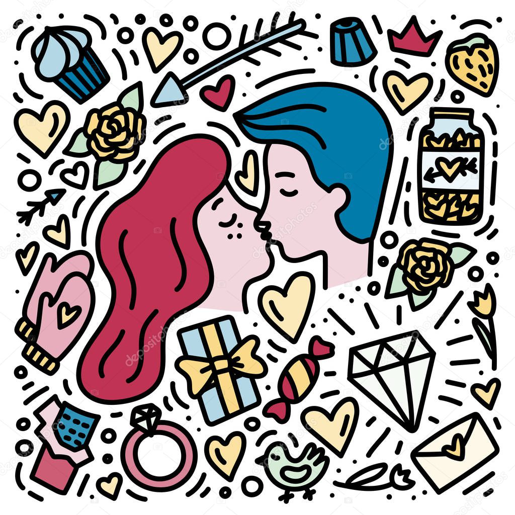 Romantic couple kissing. Doodle hand drawn ValentinesDay concept. Print for for valentines, save the date or wedding card.
