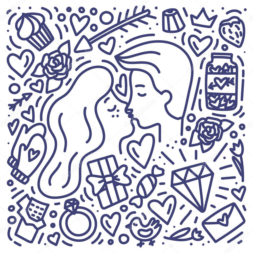 Doodle hand drawn Valentines Day concet with couple. Man and woman are kissing. Chocolate, diamod, heart, ring, sweets and ther symbols of love.