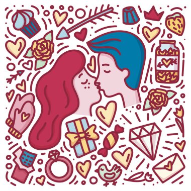 Çift öpüşme aşk içinde. Doodle elle çizilmiş Valentinesday kavramı. Sevgililer, tarih veya düğün kartı kaydetmek için yazdırmak için.