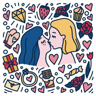 Lezbiyen çift. Aşk öpüşme kadınların. Karikatür tarzı gayler insanlar. Aşk sembolleri ile el çizilmiş doodle stil kavramı St Sevgililer günü için