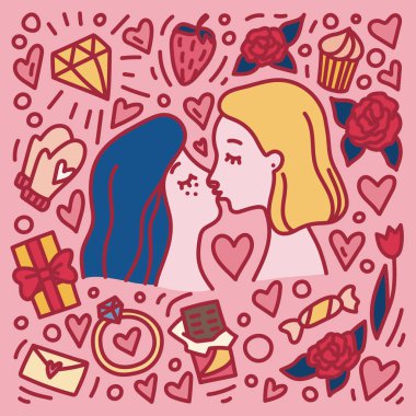 İki genç kadın birbirlerini öpmeye. Sevgililer günü el çizilmiş doodle stil kavramı. Eşcinsel romantik çift. Eşcinsel ilişki.
