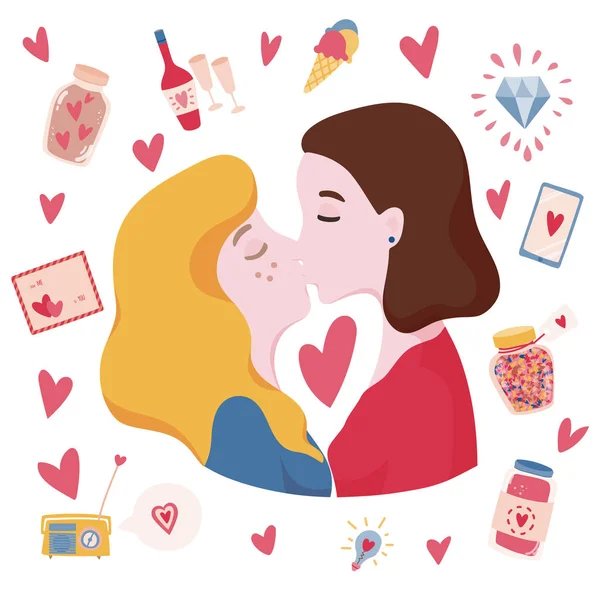 Mujeres lesbianas enamoradas. Una pareja romántica besándose. Dibujos animados dibujado a mano estilo — Archivo Imágenes Vectoriales