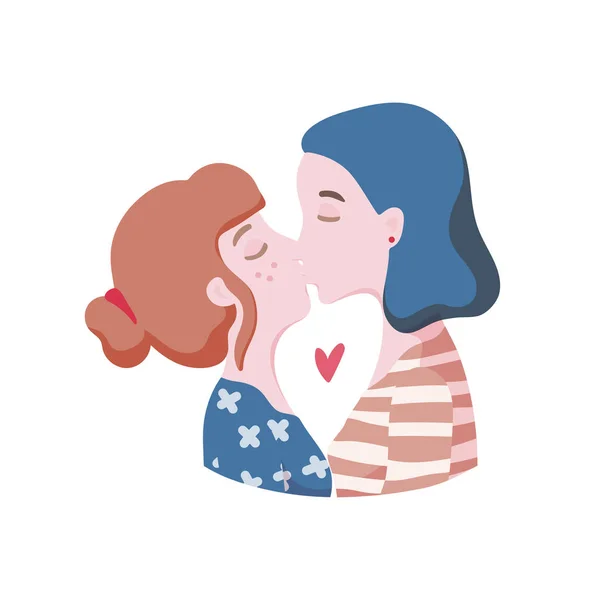 Lesbische vrouwen verliefd. Romantische paar zoenen. Cartoon hand getekende stijl — Stockvector