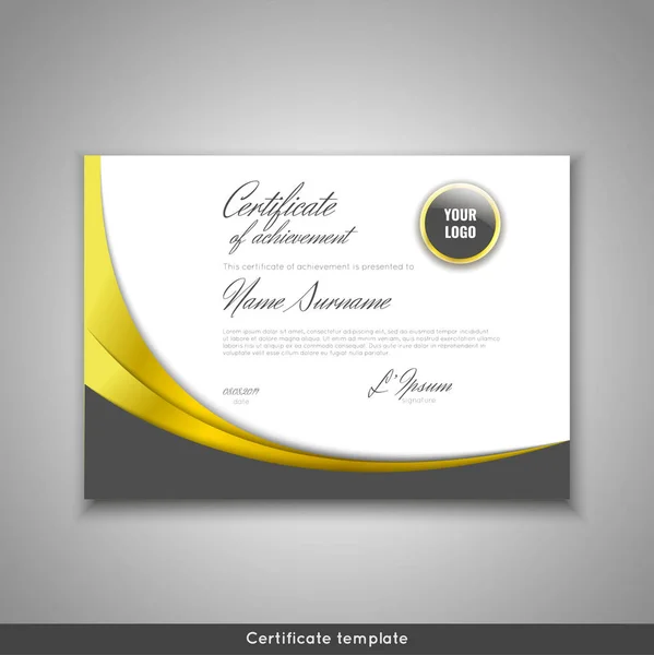 Certificato di conseguimento - apprezzamento, completamento, laurea, diploma o premio con sfondo onde d'oro. Design del modello — Vettoriale Stock