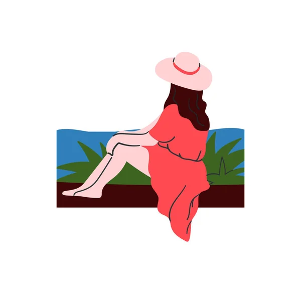 Chica está sentada en la pared y mirando el mar o el océano y las palmeras. Tarjeta de verano o impresión de colores retro para la ropa, su ropa . — Vector de stock