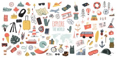 Explore the world. Hand drawn travel set. Summer vacation time doodle icons collection. Pins or stamps, prints or logos. vector