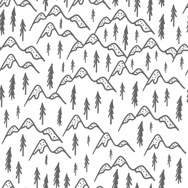 Skandinávské hory a jedlové stromy bezešvé kreslené vzory — Stockový vektor