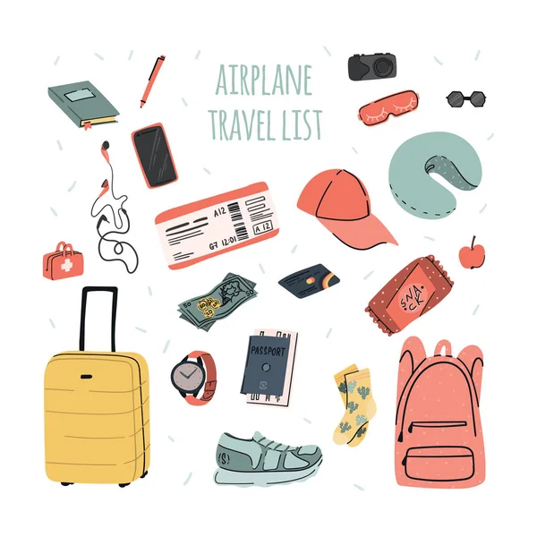 Vliegtuig reis Essentials. Reizen Checklist voor Carry-on tas voor vlucht met paspoort en ticket, smartphone en koptelefoon, notebook en creditcard etc. — Stockvector