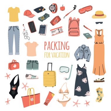 Tatil için toplanıyor. Yaz kısa bir hafta gezisi için kadın giysileri seti. Seyahat bagaj üzerinde taşımak - pantolon ve kot pantolon, elbise ve t-shirt, bluz ve mayo vb.