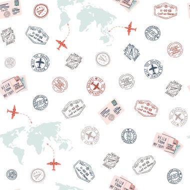 Dünya haritası ve sonrası ve vize pulları ile seyahat sorunsuz desen